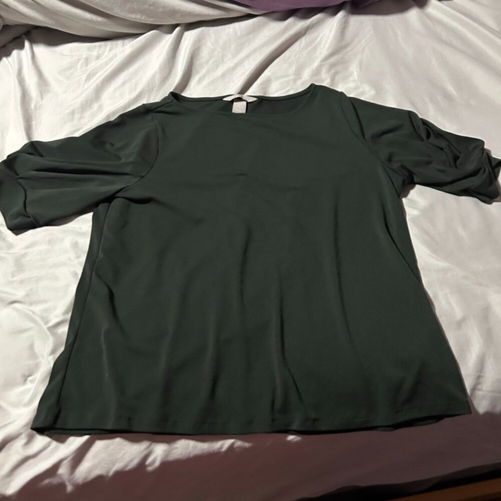 -H&M women blouse puff sleeves size S dark khaki green